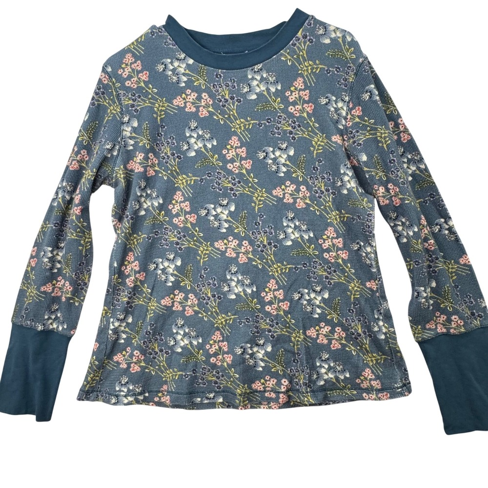 Sundance Thermal Top Womens Small Blue Floral Waffle Knit Button Cuff LS